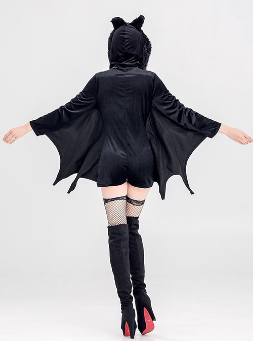 Gothic Short Black Zip Neckline Bat Shape Hooded Bodysuit Halloween Demon Earl Vampire Costume Female