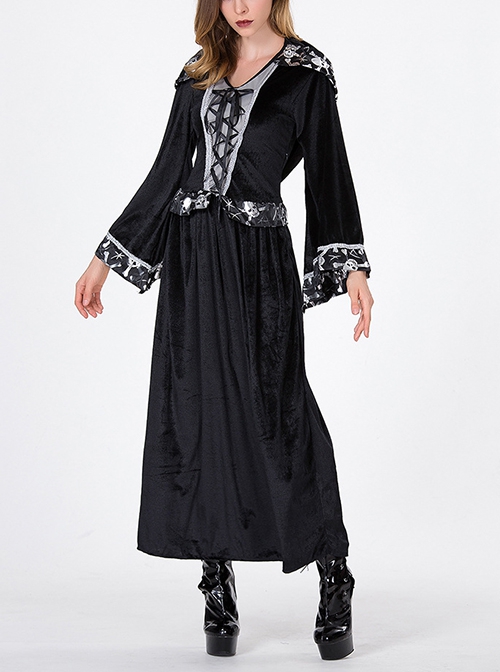 Gothic Black Skeleton Print Long Sleeve Hooded Slim Dress Halloween Vampire Witch Magician Costume Female