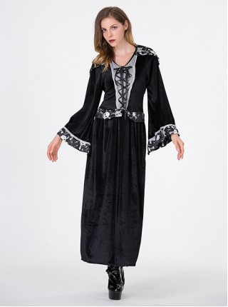 Gothic Black Skeleton Print Long Sleeve Hooded Slim Dress Halloween Vampire Witch Magician Costume Female