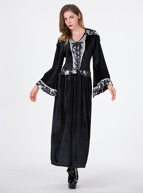 Gothic Black Skeleton Print Long Sleeve Hooded Slim Dress Halloween Vampire Witch Magician Costume Female