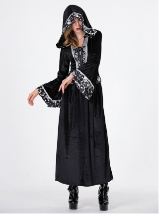 Gothic Black Skeleton Print Long Sleeve Hooded Slim Dress Halloween Vampire Witch Magician Costume Female