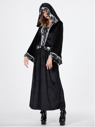 Gothic Black Skeleton Print Long Sleeve Hooded Slim Dress Halloween Vampire Witch Magician Costume Female