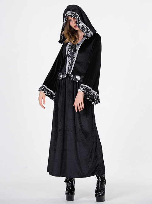 Gothic Black Skeleton Print Long Sleeve Hooded Slim Dress Halloween Vampire Witch Magician Costume Female