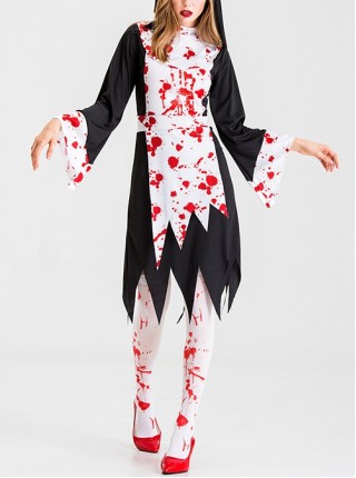 Black Long Sleeve Knee Length Dress Set Bloody Horror Halloween Demon Ghost Nun Nurse Zombie Vampire Costume Female