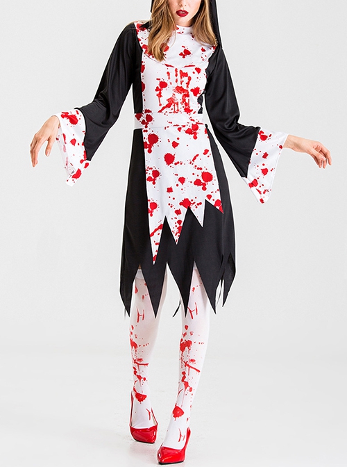 Black Long Sleeve Knee Length Dress Set Bloody Horror Halloween Demon Ghost Nun Nurse Zombie Vampire Costume Female