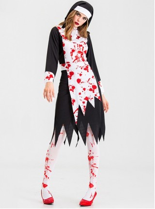 Black Long Sleeve Knee Length Dress Set Bloody Horror Halloween Demon Ghost Nun Nurse Zombie Vampire Costume Female