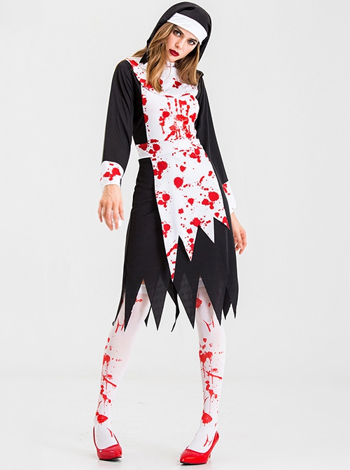 Black Long Sleeve Knee Length Dress Set Bloody Horror Halloween Demon Ghost Nun Nurse Zombie Vampire Costume Female