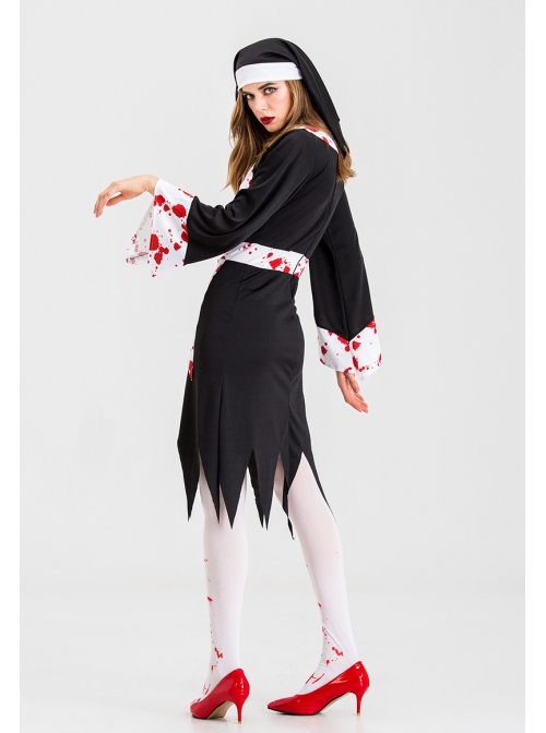 Black Long Sleeve Knee Length Dress Set Bloody Horror Halloween Demon Ghost Nun Nurse Zombie Vampire Costume Female