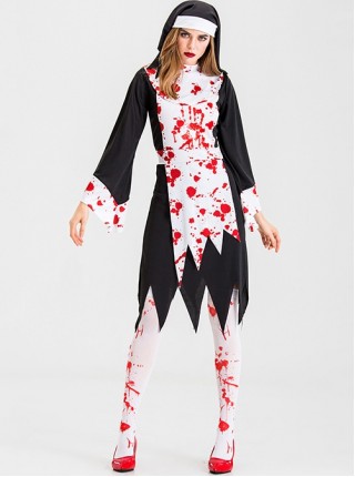 Black Long Sleeve Knee Length Dress Set Bloody Horror Halloween Demon Ghost Nun Nurse Zombie Vampire Costume Female