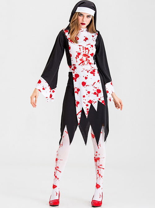 Black Long Sleeve Knee Length Dress Set Bloody Horror Halloween Demon Ghost Nun Nurse Zombie Vampire Costume Female