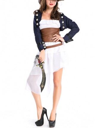 Dark Blue Long Sleeve Coat White Short Dress Set With Machete Halloween Pirate Warrior Costume Couple Female