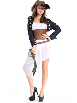 Dark Blue Long Sleeve Coat White Short Dress Set With Machete Halloween Pirate Warrior Costume Couple Female