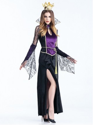 Mesh Stand Collar Long Sleeve Black Velvet Backless Dress Halloween Vampire Demon Ghost Bride Witch Masquerade Costume Female