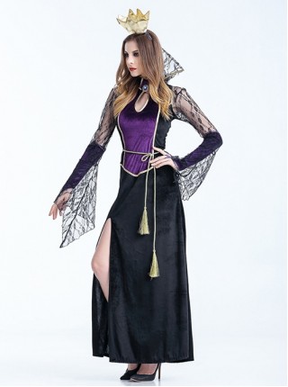 Mesh Stand Collar Long Sleeve Black Velvet Backless Dress Halloween Vampire Demon Ghost Bride Witch Masquerade Costume Female