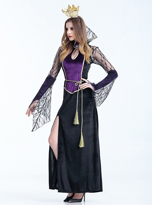 Mesh Stand Collar Long Sleeve Black Velvet Backless Dress Halloween Vampire Demon Ghost Bride Witch Masquerade Costume Female