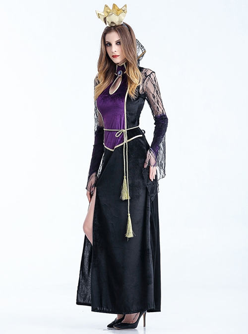 Mesh Stand Collar Long Sleeve Black Velvet Backless Dress Halloween Vampire Demon Ghost Bride Witch Masquerade Costume Female