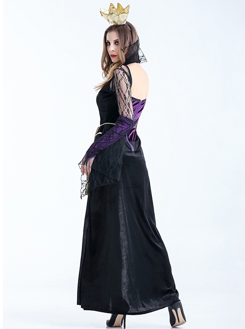 Mesh Stand Collar Long Sleeve Black Velvet Backless Dress Halloween Vampire Demon Ghost Bride Witch Masquerade Costume Female
