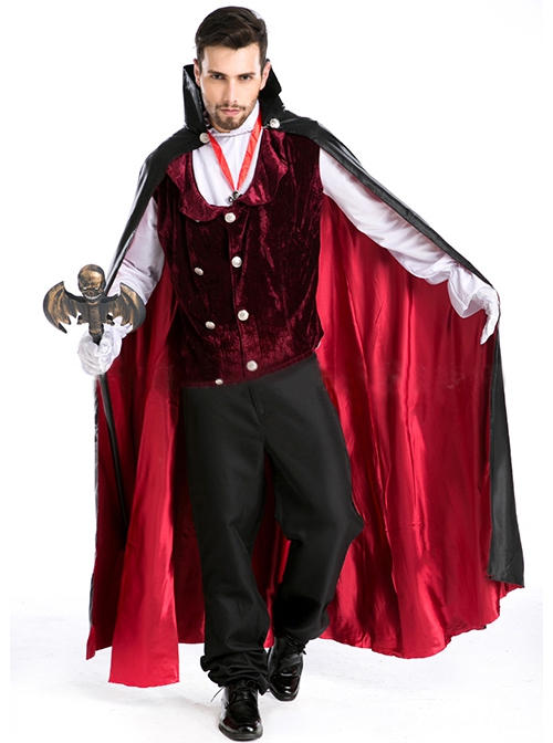 Black Stand Collar Long Cape Earl Tuxedo Suit Halloween Magician Demon Vampire Costume Couple Male