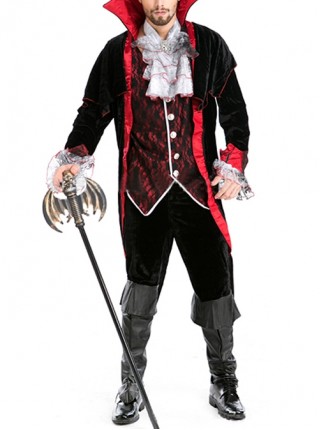 Red Stand Collar Black Long Sleeve Earl Tuxedo Suit Halloween Magician Vampire Demon Costume Couple Male