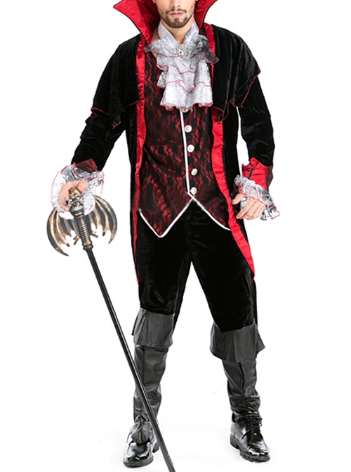 Red Stand Collar Black Long Sleeve Earl Tuxedo Suit Halloween Magician Vampire Demon Costume Couple Male