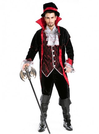 Red Stand Collar Black Long Sleeve Earl Tuxedo Suit Halloween Magician Vampire Demon Costume Couple Male