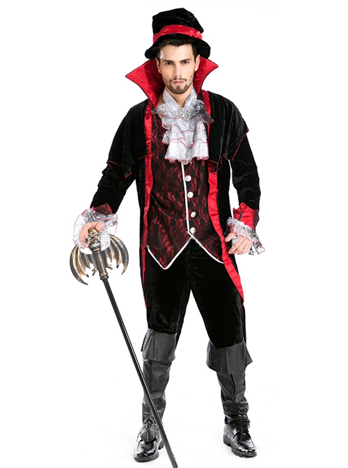 Red Stand Collar Black Long Sleeve Earl Tuxedo Suit Halloween Magician Vampire Demon Costume Couple Male