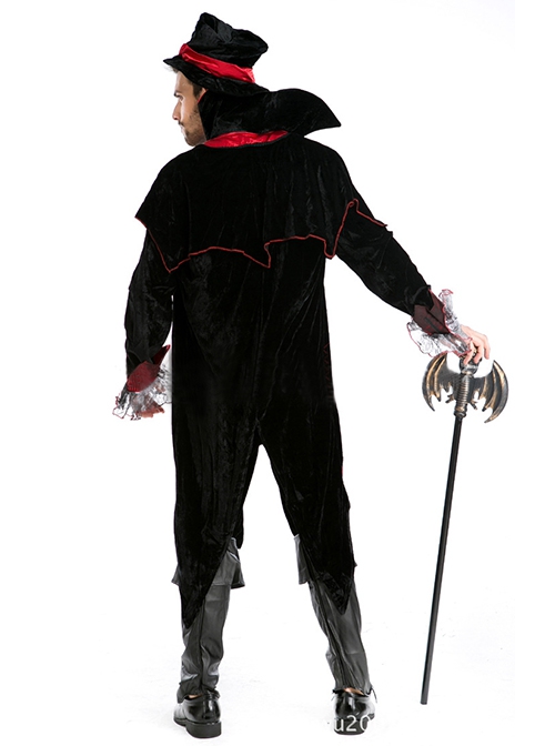 Red Stand Collar Black Long Sleeve Earl Tuxedo Suit Halloween Magician Vampire Demon Costume Couple Male