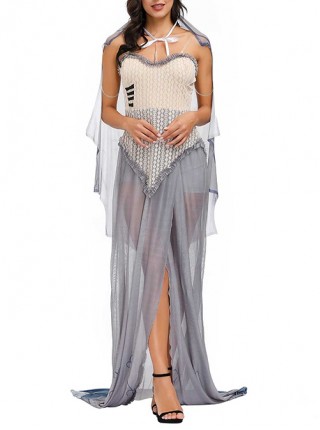 Grey Retro Court Super-long Hem Sexy Slim Tube Top Lace Dress Set Halloween Witch Demon Vampire Costume