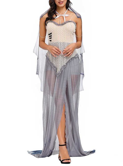 Grey Retro Court Super-long Hem Sexy Slim Tube Top Lace Dress Set Halloween Witch Demon Vampire Costume