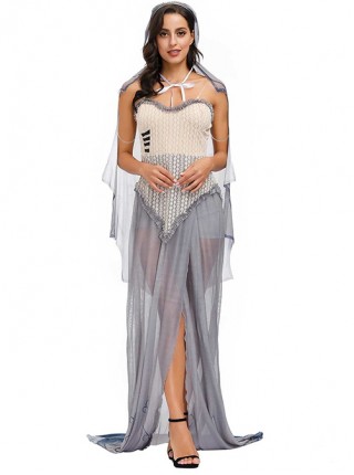 Grey Retro Court Super-long Hem Sexy Slim Tube Top Lace Dress Set Halloween Witch Demon Vampire Costume