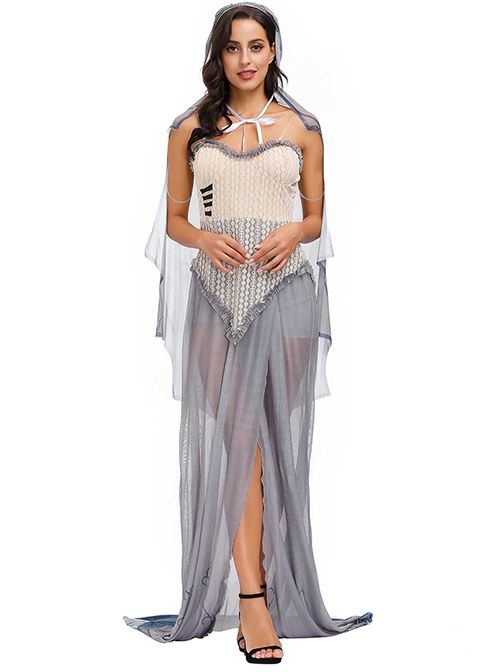 Grey Retro Court Super-long Hem Sexy Slim Tube Top Lace Dress Set Halloween Witch Demon Vampire Costume