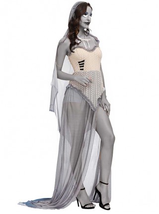 Grey Retro Court Super-long Hem Sexy Slim Tube Top Lace Dress Set Halloween Witch Demon Vampire Costume