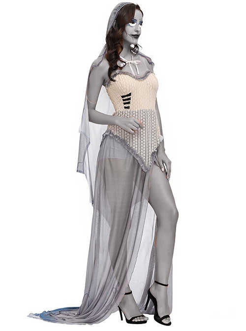 Grey Retro Court Super-long Hem Sexy Slim Tube Top Lace Dress Set Halloween Witch Demon Vampire Costume