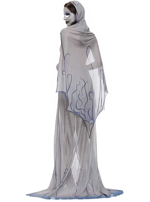 Grey Retro Court Super-long Hem Sexy Slim Tube Top Lace Dress Set Halloween Witch Demon Vampire Costume