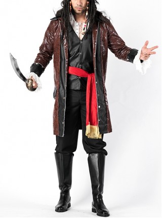 Brown PU Leather Long Sleeve Coat Black Pants Red Belt Set Halloween Pirate Warrior Stage Performance Costume