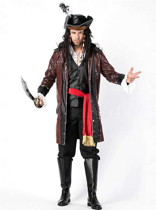 Brown PU Leather Long Sleeve Coat Black Pants Red Belt Set Halloween Pirate Warrior Stage Performance Costume