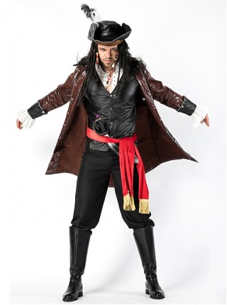 Brown PU Leather Long Sleeve Coat Black Pants Red Belt Set Halloween Pirate Warrior Stage Performance Costume