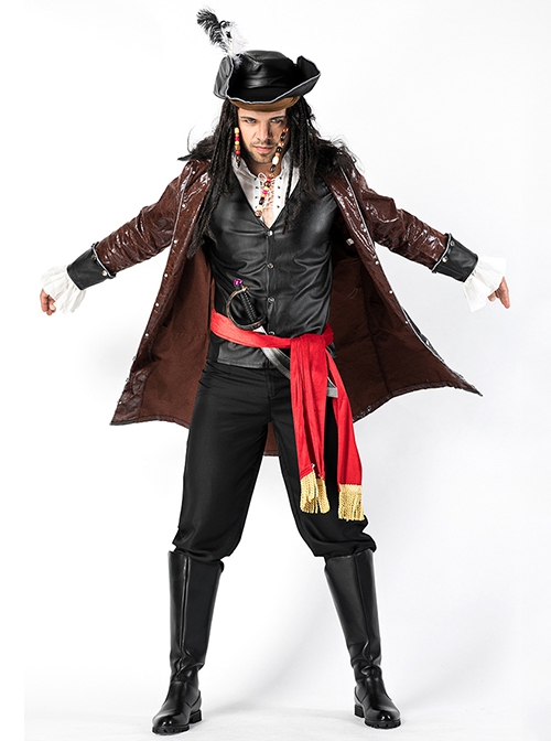 Brown PU Leather Long Sleeve Coat Black Pants Red Belt Set Halloween Pirate Warrior Stage Performance Costume