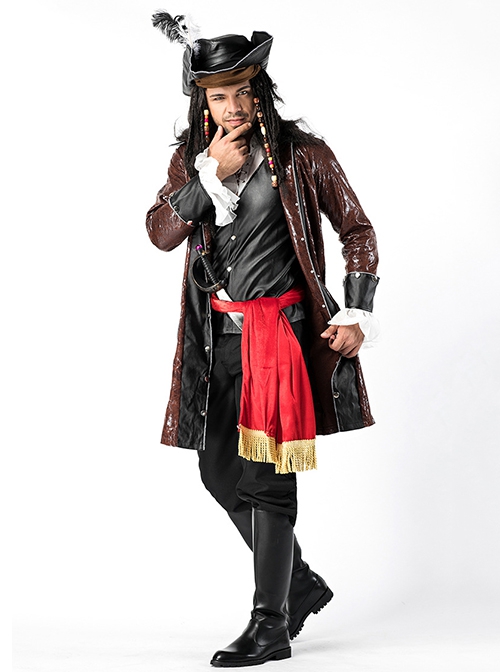 Brown PU Leather Long Sleeve Coat Black Pants Red Belt Set Halloween Pirate Warrior Stage Performance Costume