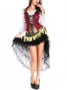 Black Long Lace Hem Sexy Short Dress Set Halloween Pirate Warrior Stage Performance Costume Couple Female