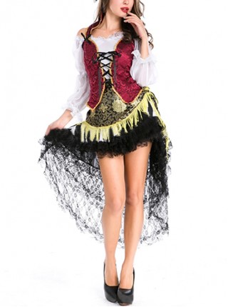 Black Long Lace Hem Sexy Short Dress Set Halloween Pirate Warrior Stage Performance Costume Couple Female