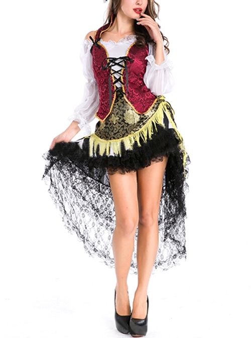 Black Long Lace Hem Sexy Short Dress Set Halloween Pirate Warrior Stage Performance Costume Couple Female