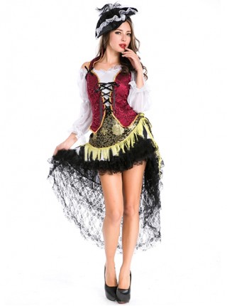 Black Long Lace Hem Sexy Short Dress Set Halloween Pirate Warrior Stage Performance Costume Couple Female