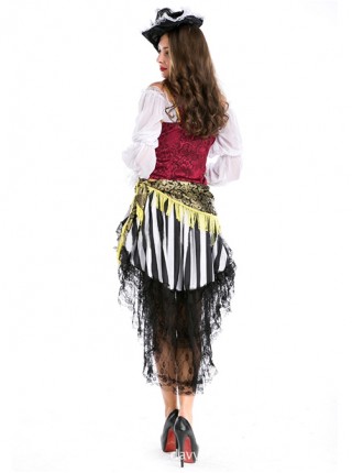 Black Long Lace Hem Sexy Short Dress Set Halloween Pirate Warrior Stage Performance Costume Couple Female