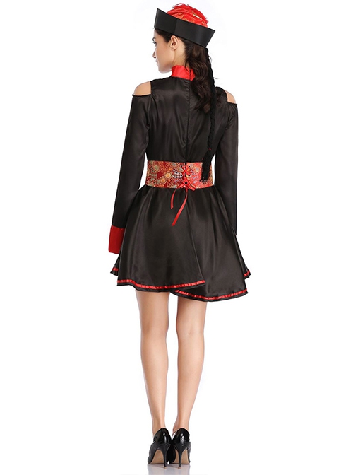 Retro Red Embroidered Black Long Sleeve Chinese Zombie Short Dress Suit Halloween Demon Vampire Costume Female