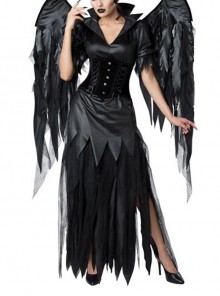 Black Wings Stand Collar Elbow Sleeve Long Slim Dress Suit Halloween Demon Witch Black Angel Costume Female