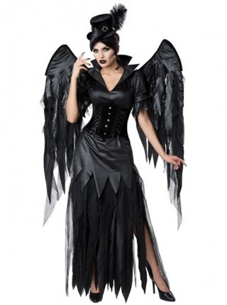 Black Wings Stand Collar Elbow Sleeve Long Slim Dress Suit Halloween Demon Witch Black Angel Costume Female