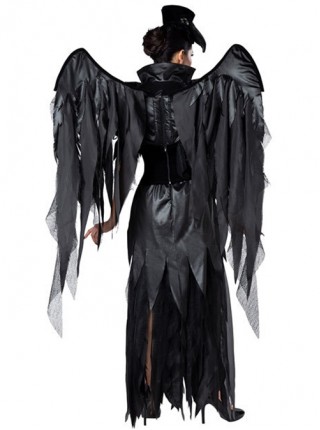 Black Wings Stand Collar Elbow Sleeve Long Slim Dress Suit Halloween Demon Witch Black Angel Costume Female