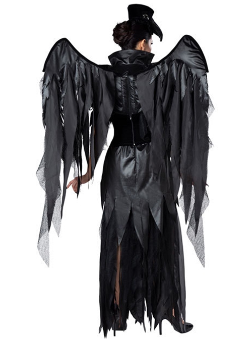 Black Wings Stand Collar Elbow Sleeve Long Slim Dress Suit Halloween Demon Witch Black Angel Costume Female
