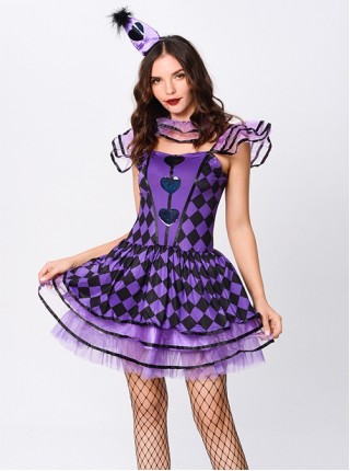 Playing Card Print Purple Square Collar Sleeveless Short Dress Halloween Circus Clown Witch Stage Performance Costume Female